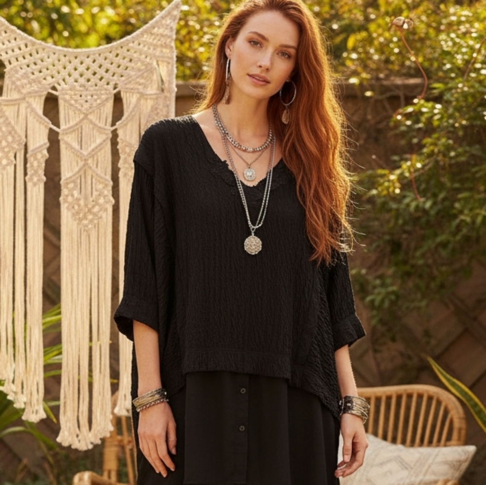Free People FP Beach Crinkle Gauze Layered Tunic Dress Cover Up Black Boho